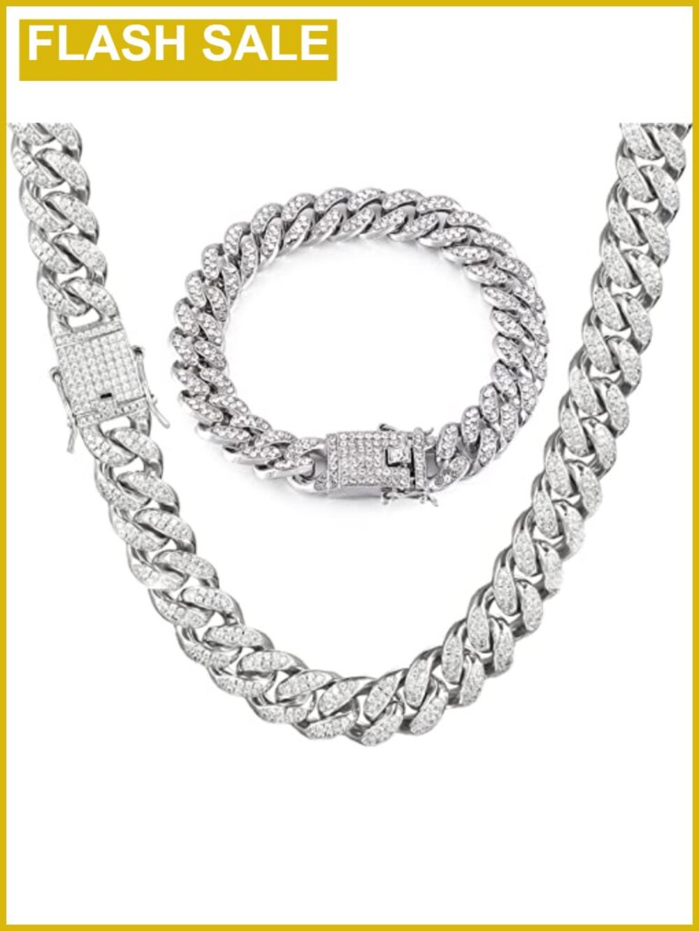 Men's Cuban Link Chain Necklace & Bracelet Set Rhinestone Hip Hop Jewelry